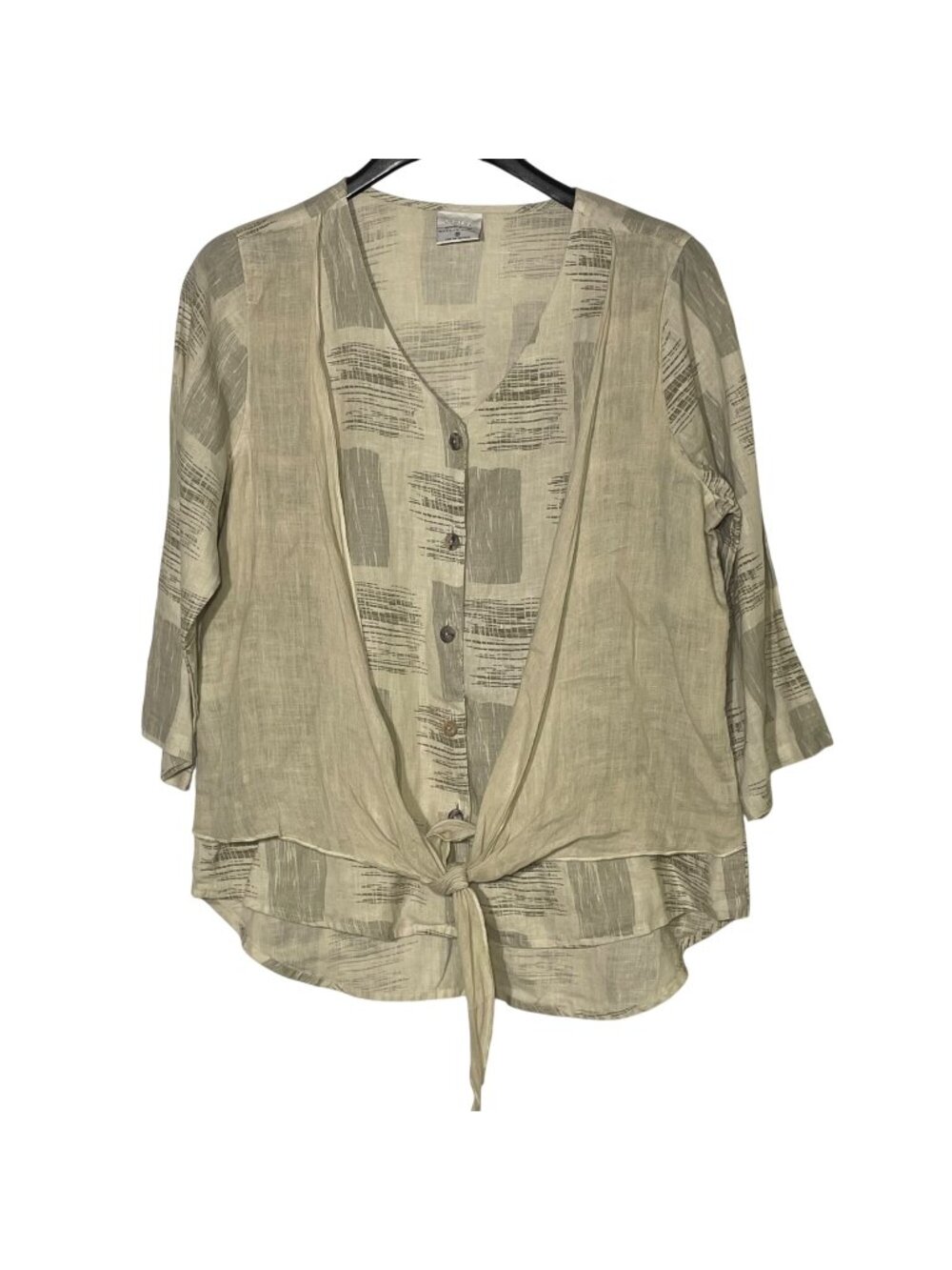 Click Color Me Cotton Linen Abstract Button Down Top Tie Front Sz MED Lagenlook